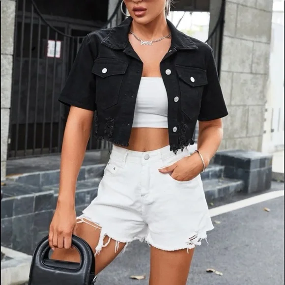 Boho Blue Medium Wash Distressed Ripped Denim Jeans Jacket Shacket - Picture 13 of 14